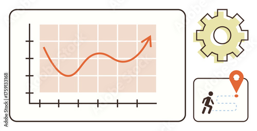 Graph with upward line and grid for success tracking, gear for strategy development, and pathfinding icon for goal setting. Ideal for business, innovation, analysis, progress planning, optimization