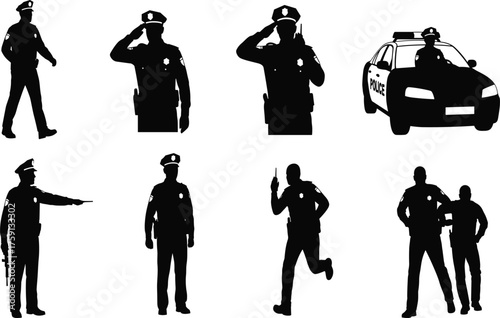 Police officer silhouette set with patrol car, law enforcement illustration, security concept design, police action poses isolated on white background
