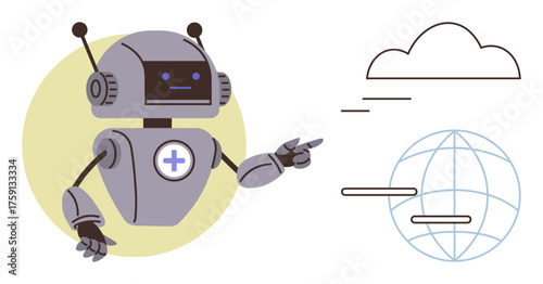 Friendly robot pointing towards cloud and globe, representing artificial intelligence, technology, data systems, communication, automation, education, and innovation. Ideal for tech support