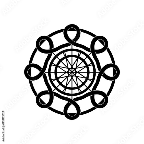 Vector art of intricate black and white circular celtic knot or mandala design with a starlike pattern in the center