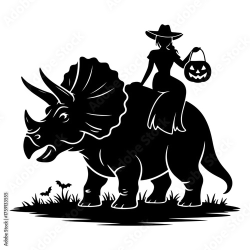 Silhouette of a witch riding a Triceratops with a Jack-o'-Lantern for Halloween