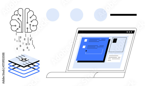 Brain-inspired AI processing data, flowing into a digital platform on a laptop. Ideal for technology, AI, machine learning, innovation, data science, software, and neural network visualization