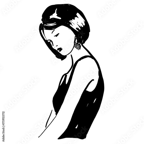 Portrait of a yound attractive woman with a chic bob cut.  Hand drawn vector art. 
