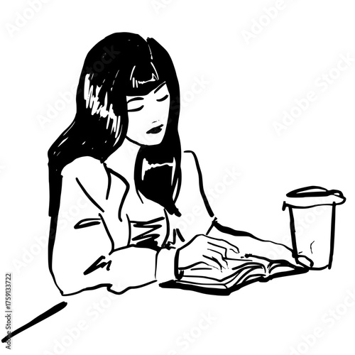 A young woman reading a book in a coffee shop. hand drawn vector art