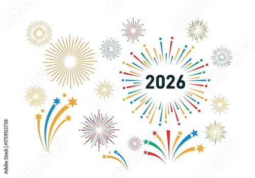 2026 is surrounded by colorful fireworks in various shapes and sizes against a plain white background