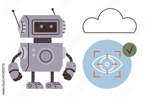 Cartoon robot, cloud outline, and biometric eye recognition with a checkmark. Ideal for innovation, AI, robotics, biometrics, cloud technology data security future trends. Simple flat metaphor