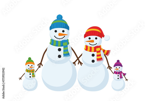 A family of snowmen two big two small holding hands in a row