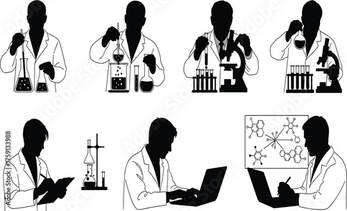 Scientists working in laboratory with test tubes, microscopes, chemical experiments, research and innovation, scientific study and medical development