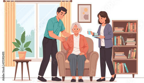 Senior woman receiving care at home, assisted by caregivers, healthcare support for elderly, family nursing, aging in place service