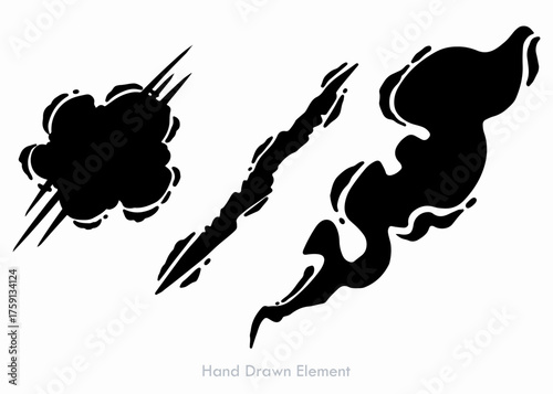 Three stylized black graphic elements depicting motion, impact, and a wispy form, all hand-drawn.