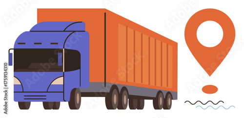 Cargo truck with orange container next to a location marker symbolizing delivery, transport, and fleet tracking. Ideal for logistics, freight, supply chain, transportation, shipping, navigation