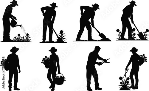 Silhouette farmer working in garden watering plants digging soil harvesting crops collecting flowers gardening activities agriculture labor concept illustration vector design