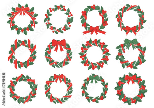 Tableau sur toile An array of twelve holly wreaths each adorned with red berries and ribbons in va