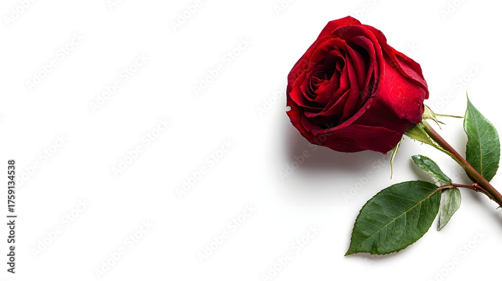 Fototapeta premium A single red rose lies on a white background.