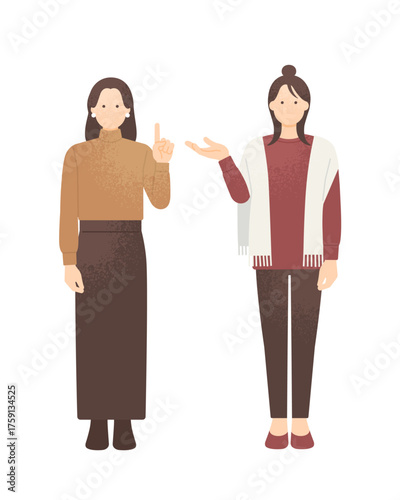 案内や紹介をする女性たちの全身イラスト　温かい服装をした女の子 秋冬イメージのイラスト素材