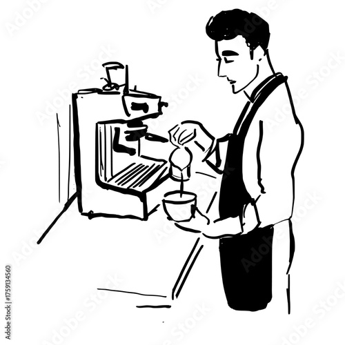 Coffee Shop Barista Preparing Espresso Vector Art. Young male barista making a latte hand drawn vector.