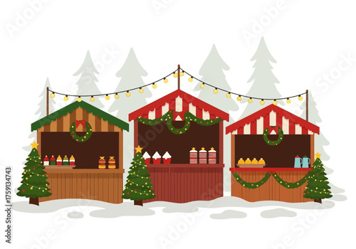 Christmas market illustration with decorated stalls trees and string lights