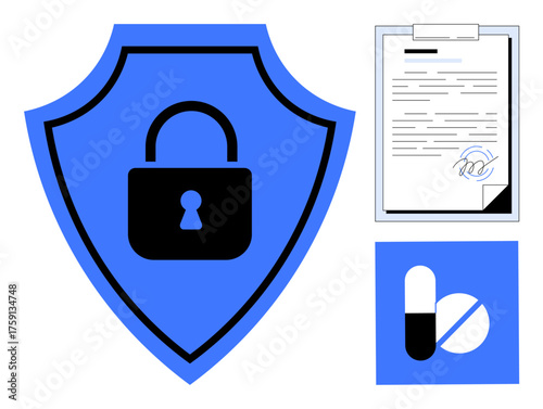 Blue shield with a lock symbol, a signed document, and medical pills represent healthcare security, privacy, compliance, and data protection. Ideal for healthcare, technology, privacy security