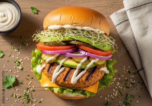 Gourmet veggie burger with avocado, sprouts and grilled patty on rustic wooden background