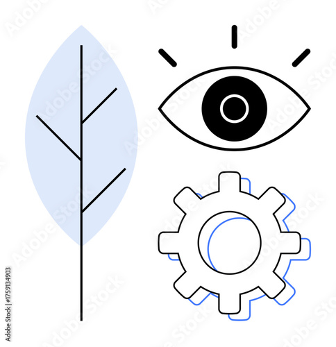 Minimalist composition highlighting an eye, a leaf, and a gear, symbolizing innovation, nature, vision, and sustainable development. Ideal for eco-tech, innovation creativity growth