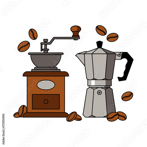 A vector illustration of a manual coffee grinder and a moka pot surrounded by scattered coffee beans on a white background.