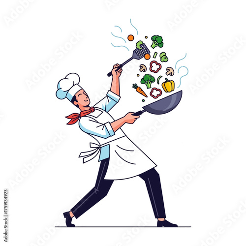 Chef tossing vegetables in a pan, cooking with a spatula, preparing a meal.