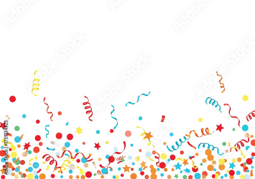 Confetti and streamers with circles and stars scattered across a white surface