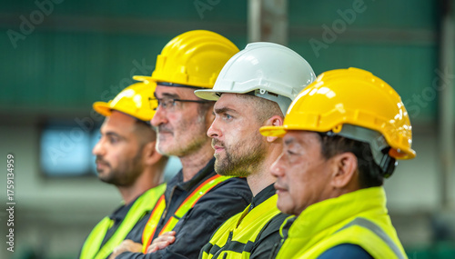 A group of construction workers wearing hard hats and safety vests are standing in a row looking at something.