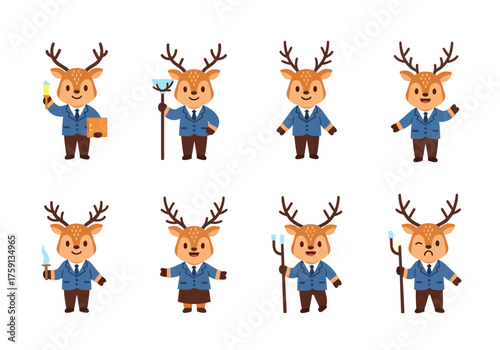 Eight cartoon deer in business attire displaying various attitudes and holding distinct items
