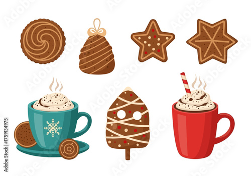 Eight holiday treats mugs of hot cocoa and frosted cookies of various shapes