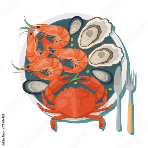 An illustrated seafood platter featuring a whole cooked crab, shrimp, oysters, and mussels.