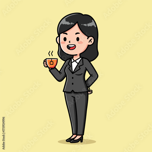 A cartoon illustration of a smiling businesswoman with black hair, wearing a gray suit, and enjoying a steaming cup of coffee or tea.