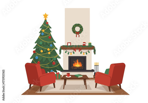 Festive room Christmas tree fireplace red chairs  holiday decor