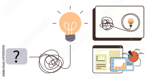 Lightbulb representing ideas connected through tangled lines to question marks, analytics, and visuals. Ideal for brainstorming, creativity, innovation, strategy, problem-solving, concepts process
