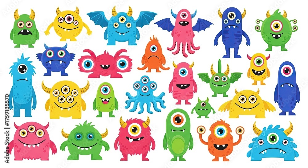 Obraz premium Colorful Cartoon Monster Collection with Various Shapes and Expressions on White Background