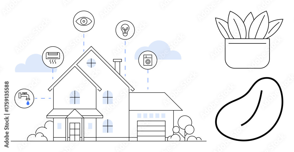 Naklejka premium Modern home interconnected with smart devices, water faucet, air conditioner, washing machine. Ideal for technology, energy saving, eco-living, home automation, IoT innovation simple flat metaphor