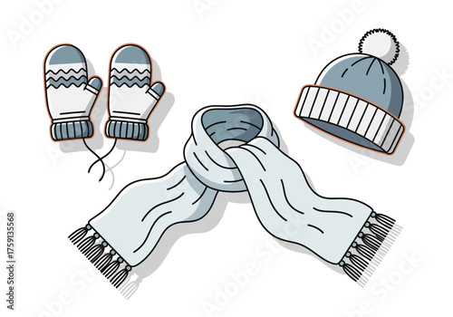 Illustration of winter accessories mittens scarf and hat arranged on a white background