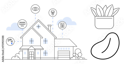 Modern home interconnected with smart devices, water faucet, air conditioner, washing machine. Ideal for technology, energy saving, eco-living, home automation, IoT innovation simple flat metaphor