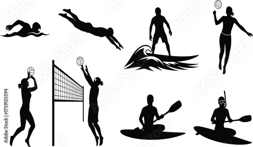 Silhouette of people playing water sports and beach volleyball, swimming, surfing, kayaking, active summer beach lifestyle, fitness, adventure, recreation, teamwork