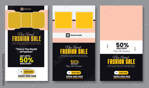 Vertical fashion sale offer banners with yellow squares