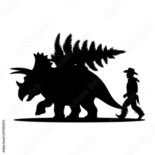 Whimsical silhouette illustration depicting a cowboy leading a mighty triceratops through a festive prehistoric landscape, carrying a holiday Christmas tree