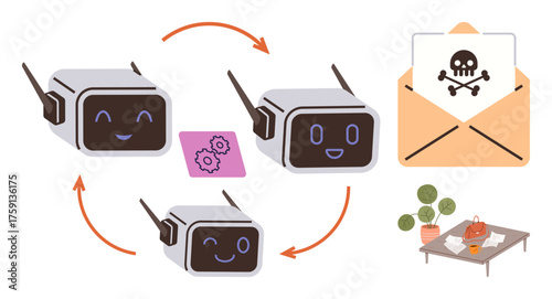 Smiling robot bots exchanging data through an iterative cycle, generating a phishing email with a skull. Ideal for malware, phishing, hacking, robotics, data security, AI risks, digital threats