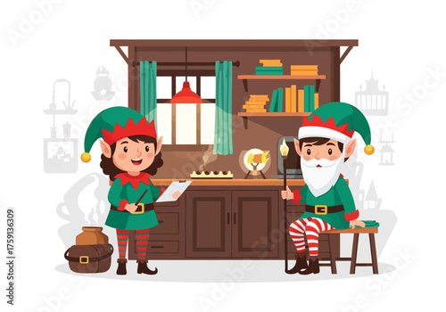 Two elves in a kitchenlike area One standing holding clipboard the other seated on a stool holding a torch
