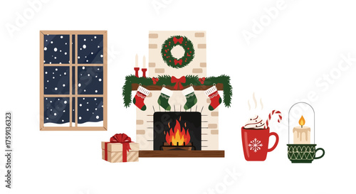 Cozy Christmas fireplace setting illustration featuring festive decorations and warm elements for seasonal greetings and holiday-themed content creation.