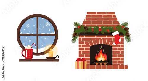 Cozy Christmas Interior Illustration with Fireplace and Snowy Window View for Festive Holiday Greetings and Seasonal Celebrations