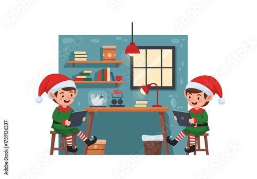 Two elves sit at desks using tablets in a festive room