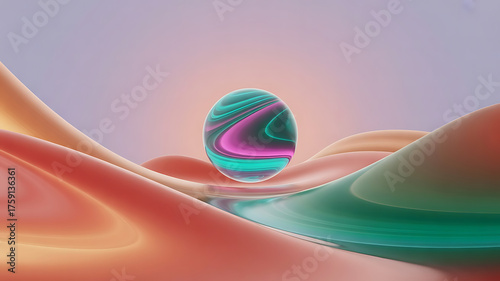 Abstract iridescent egg shape on flowing organic landscape with soft lighting