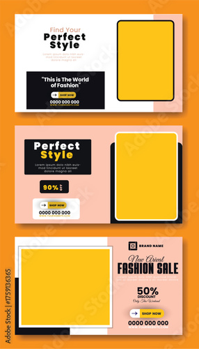 Flash sale facebook cover page timeline web ad banner template with photo place modern layout white background and orange shape and text design
