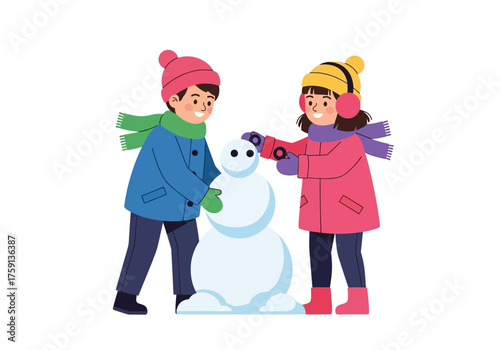 Two kids build a snowman wearing winter clothes like hats and scarves in a snowy landscape