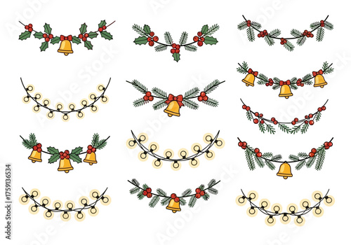 Various festive Christmas garlands and string lights adorn a white background